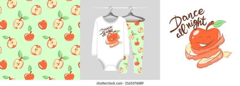 Seamless pattern and illustration set with apple, Dance babyall night text. Cute design pajamas on a hanger. Baby background for apparel, room decor, tee prints, baby shower, fabric design, wrapping