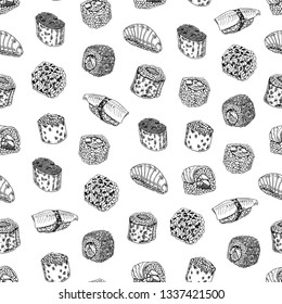 seamless pattern. illustration set of asian food. vector sketch with hands drawn traditional japanese food sushi
