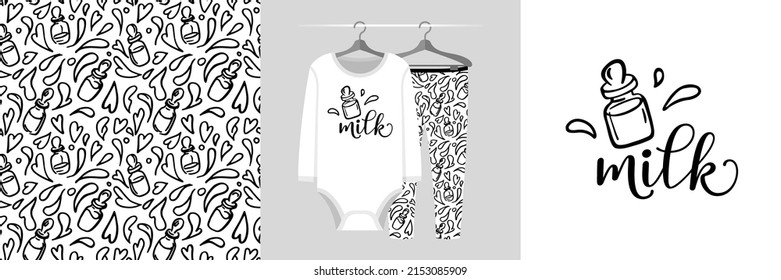 Seamless pattern and illustration set with baby food bottle. Baby design pajamas, background for apparel, room decor, tee prints, baby shower, fabric design, wrapping