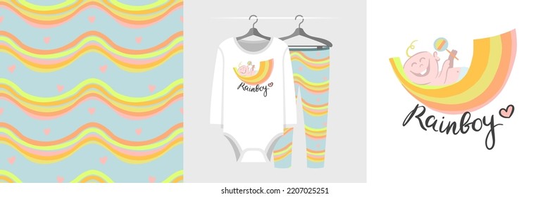 Seamless pattern and illustration set with baby in a hammock and lettering Rainboy. Cute design pajamas on a hanger. Baby background for baby shower invitation, decor, tee prints, fabric, wrapping
