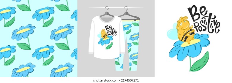 Patrón e ilustración sin inconvenientes con abeja, flores y cita Bee Positive. Pajamas de diseño para bebés, ropa de cama, decoración de la habitación, estampado, invitación a la fiesta de la ducha para bebés, diseño de tela