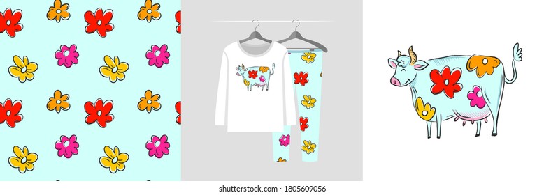 Seamless pattern and illustration set with big flower cow. Cute design pajamas on a hanger. Baby background for apparel, room decor, tee prints, baby shower, fabric design, wrapping