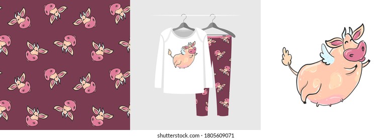 Seamless pattern and illustration set with big funny flying cow. Cute design pajamas on a hanger. Baby background for apparel, room decor, tee prints, baby shower, fabric design, wrapping