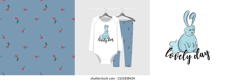 Seamless pattern and illustration set with bunny and Lovely Day text. Cute design pajamas on a hanger. Baby background for apparel, room decor, tee prints, baby shower, fabric design, wrapping