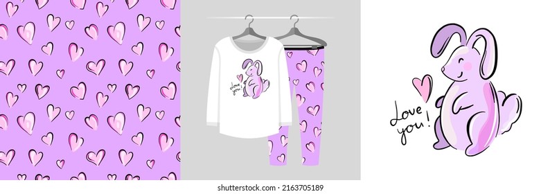 Seamless pattern and illustration set with bunny and Lov you text. Cute design pajamas on a hanger. Baby background for apparel, room decor, tee prints, baby shower, fabric design, wrapping