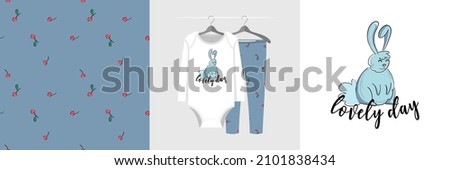 Seamless pattern and illustration set with bunny and Lovely Day text. Cute design pajamas on a hanger. Baby background for apparel, room decor, tee prints, baby shower, fabric design, wrapping