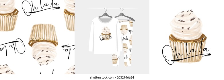 Seamless pattern and illustration set with cake, Oh la la lettering. Tender background for apparel, family look, room decor, tee prints, fabric design, wedding invitations, branding, packaging