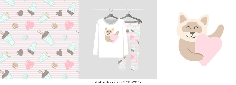 Seamless pattern and illustration set with cat hugs heart. Cute design pajamas on a hanger. Baby background for fashion clothes wear, room decor, t-shirt print, baby shower, fabric design, wrapping