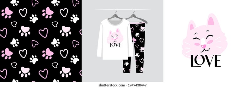 Seamless pattern and illustration set, cat with pink footprint, Love text. Cute design pajamas on the hanger. Baby background for clothes, room birthday decor, t-shirt print, fabric design, wrapping