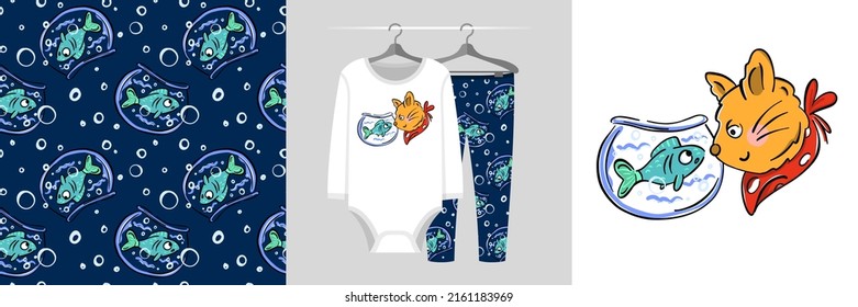 Patrón sin foco e ilustración ambientada con el gato mira al pez en el acuario. Pajamas de diseño para bebés, telas de fondo para ropa, decoración de habitaciones, estampados, ducha para bebés, diseño de tela, envoltura