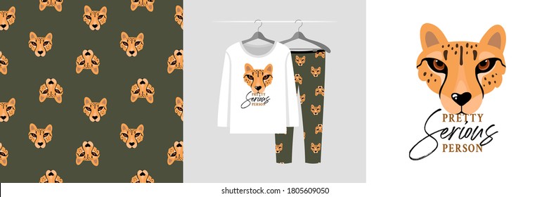Seamless pattern and illustration set with cheetah, Pretty Serious Person text. Cute design pajamas on a hanger. Baby background for apparel, room decor, tee prints, baby shower, fabric, wrapping