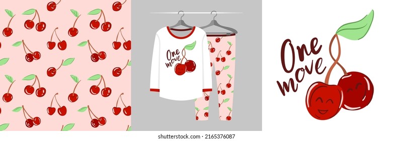 Seamless pattern and illustration set with cherries, One move text. Cute design pajamas on a hanger. Baby background for apparel, room decor, tee prints, baby shower, fabric design, wrapping