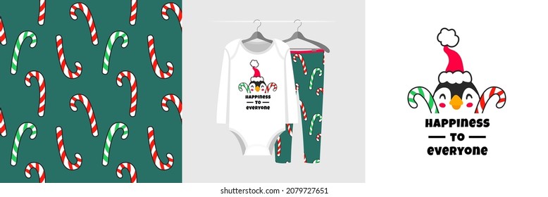 Seamless pattern and illustration set with Christmas penguin and wish text. Cute design pajamas on a hanger. Baby background for apparel, room decor, tee prints, baby shower, fabric design, wrapping