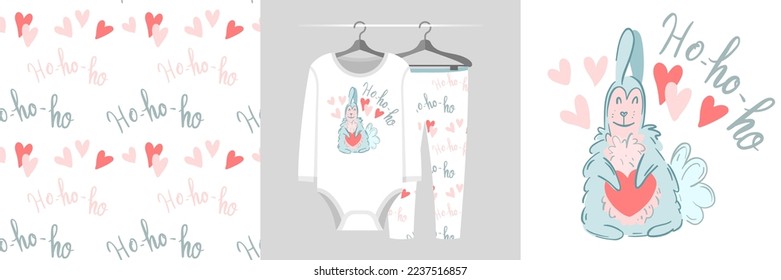 Seamless pattern and illustration set with Christmas rabbit, Ho ho ho text. Cute design pajamas on a hanger. Baby background for apparel, room decor, tee prints, baby shower, fabric design, wrapping