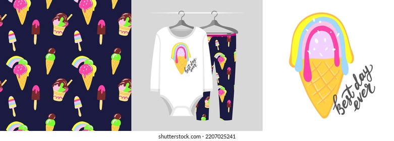 Patrón e ilustración impecables con helado de arcoiris colorido y letras Mejor día de la historia. Pajamas de diseño dulce, fondo para prendas de vestir, invitación a la ducha para bebés, estampados, tela, envoltura