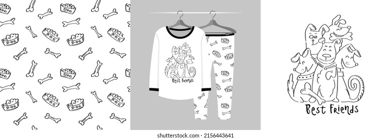 Seamless pattern and illustration set with company of cute funny dogs and lettering Best friends. Baby design pajamas, background for apparel, room decor, tee prints, fabric design, wrapping