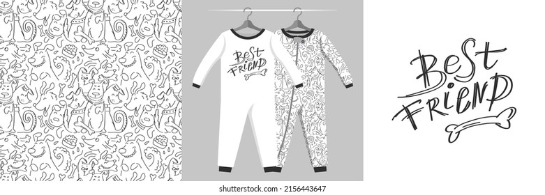 Seamless pattern and illustration set with company of cute funny dogs and lettering Best friends. Baby design pajamas, background for apparel, room decor, tee prints, fabric design, wrappin