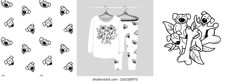 Seamless pattern and illustration set with a company of cute funny dogs Jack Russell Terrier breed. Baby design pajamas, background for apparel, room decor, tee prints, baby shower, fabric, wrapping