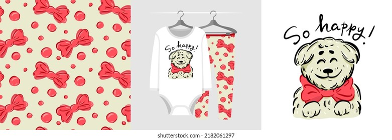 Patrón y conjunto de ilustraciones impecables con la compañía de un perro gracioso lindo, texto ¡Tan feliz! Pajamas de diseño para bebés, telas de fondo para ropa, decoración de habitaciones, estampados, ducha para bebés, diseño de tela, envoltura