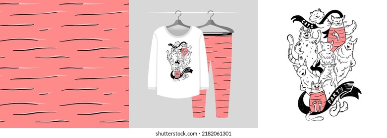 Seamless pattern and illustration set with company of cute funny cats and text Cats Party. Baby design pajamas, background for apparel, room decor, tee prints, baby shower, fabric design, wrapping