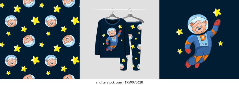 Seamless pattern and illustration set with cosmonaut bear. Cute design pajamas on a hanger. Baby background for apparel, room decor, tee prints, baby shower, fabric design, wrapping