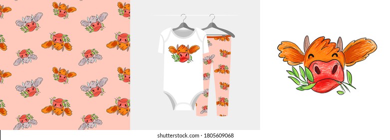 Seamless pattern and illustration set with cow chewing grass. Cute design pajamas on a hanger. Baby background for apparel, room decor, tee prints, baby shower, fabric design, wrapping