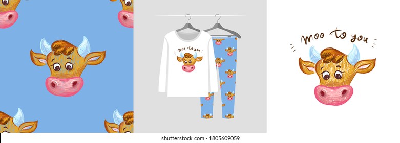 Seamless pattern and illustration set with cute bull, Moo to you text. Cute design pajamas on a hanger. Baby background for apparel, room decor, tee prints, baby shower, fabric design, wrapping