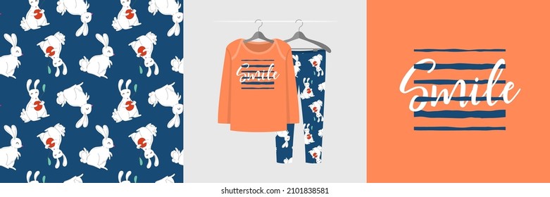 Patrón y conjunto de ilustraciones sin inconvenientes con un lindo conejito y texto sonriente. Un pijama de diseño lindo en una percha. Fondo para la ropa, decoración de la habitación, estampado, ducha para bebés, diseño de tela, envoltura