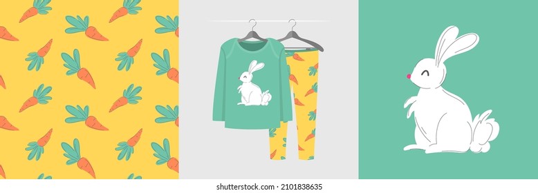 Patrón y ilustración sin inconveniente con conejito lindo y zanahorias. Un pijama de diseño lindo en una percha. Fondo para la ropa, decoración de la habitación, estampado, ducha para bebés, diseño de tela, envoltura