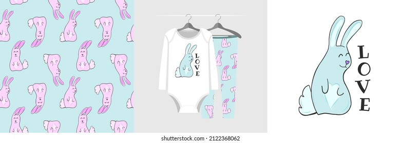 Seamless pattern and illustration set with cute bunny and Love text