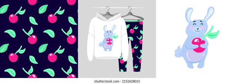 Seamless pattern and illustration set with cute little bunny and berry. Cute design pajamas on a hanger. Baby background for apparel, room decor, tee prints, baby shower, fabric design, wrapping