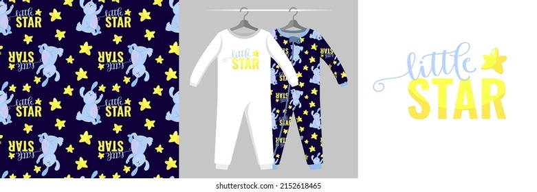 Seamless pattern and illustration set with cute bunnies and stars, little star lettering. Baby design pajamas, background for apparel, room decor, tee prints, baby shower, fabric design, wrapping