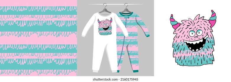 Patrón e ilustración impecables con un monstruo sonriente lindo. Pajamas de diseño para bebés, telas de fondo para ropa, decoración de habitaciones, estampados, ducha para bebés, diseño de tela, envoltura