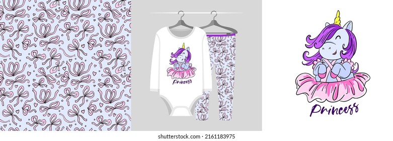 Patrón sin foco e ilustración ambientada con la princesa monicornio de bailarina linda. Pajamas de diseño para bebés, telas de fondo para ropa, decoración de habitaciones, estampados, ducha para bebés, diseño de tela, envoltura
