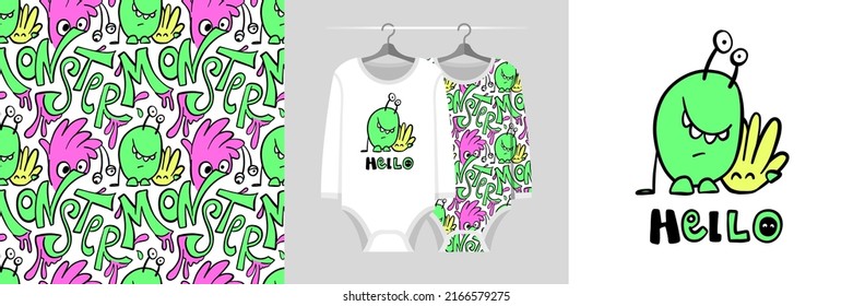 Seamless pattern and illustration set with cute monsters and text Hello. Baby design pajamas, background for apparel, room decor, tee print, party invitation, baby shower, fabric design, wrapping