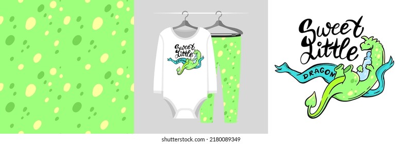 Seamless pattern and illustration set with cute dragon on a cloud and lettering Sleepy mood. Baby design pajamas, background for apparel, room decor, tee prints, baby shower, fabric design, wrapping