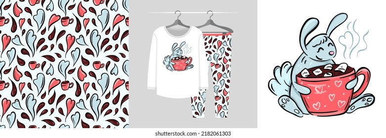 Seamless pattern and illustration set with cute bunny hugs cup of cocoa. Baby design pajamas, background for apparel, room decor, tee prints, baby shower, fabric design, wrapping