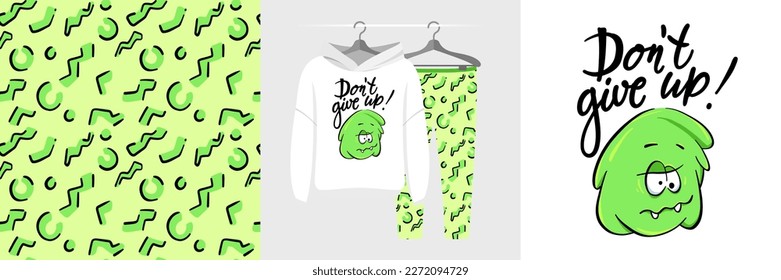 Seamless pattern and illustration set with cute monster and text Don’t give up! Baby design pajamas, background for apparel, room decor, tee print, party invitation, fabric design, wrapping