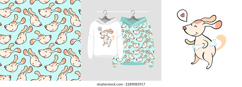 Seamless pattern and illustration set - a cute dog with speech bubble. Cute design hoodies on a hanger. Baby clipart for tee prints, cards, apparel, room decor, fabric design, wrapping