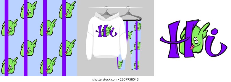 Patrón e ilustración impecables con monstruo lindo y texto Hi. Pajamas de diseño para bebés, telas de fondo para ropa, decoración de la habitación, estampado, invitación para fiestas, ducha para bebés, diseño de tela, envoltura