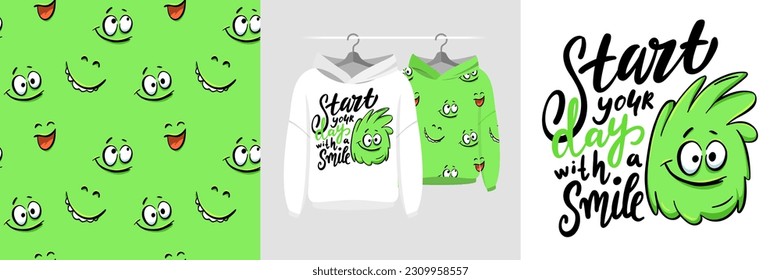 Seamless pattern and illustration set with cute monster and text Start your day with a smile. Baby design pajamas, background for apparel, room decor, tee print, party invitation, baby shower, fabric 