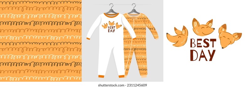 Seamless pattern and illustration set with cute foxes, Best day text. Cute design pajamas on a hanger. Baby background for apparel, room decor, tee prints, baby shower, fabric design, wrapping