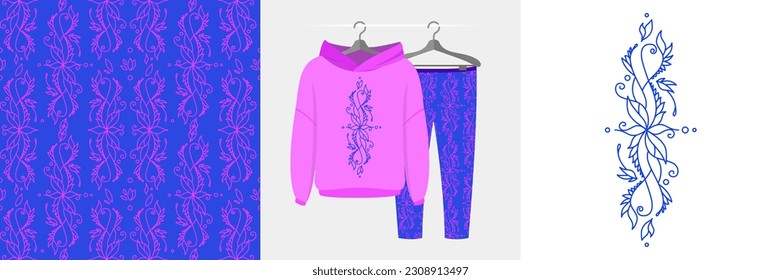 Seamless pattern and illustration set with decorative floral ornament. Aesthetic design pajamas, background for apparel, room decor, tee prints, fabric, wrapping