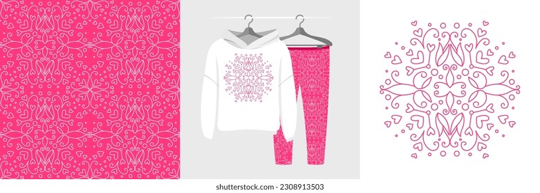 Seamless pattern and illustration set with decorative floral ornament. Aesthetic design pajamas, background for apparel, room decor, tee prints, fabric, wrapping