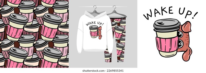 Seamless pattern and illustration set with dog hiding behind a cup of coffee, text Wake Up!. Baby design pajamas, background for apparel, room decor, tee prints, baby shower, fabric design, wrapping