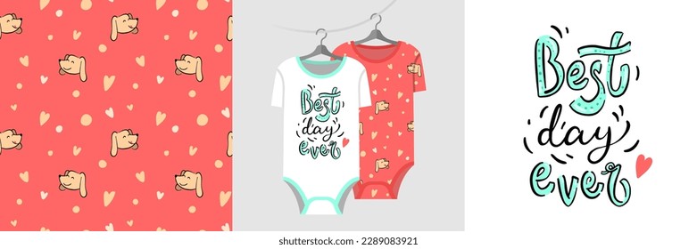 Seamless pattern and illustration set - dogs and lettering Best day ever. Cute design pajamas on a hanger. Baby clipart for tee prints, cards, apparel, room decor, fabric design, wrapping