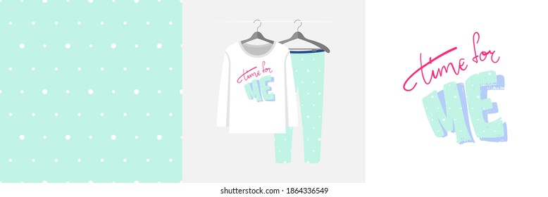 Patrón e ilustración impecables con puntos y tiempo de inscripción para mí. Un pijama de diseño lindo en una percha. Fondo para la ropa, decoración de la habitación, estampado, ducha para bebés, diseño de tela, envoltura