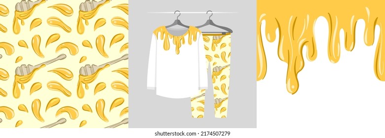 Seamless pattern and illustration set with endless honey border. Baby design pajamas, background for apparel, room decor, tee print, baby shower party invitation, fabric design, wrapping