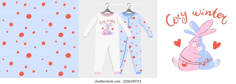 Seamless pattern and illustration set with family hugs, bunnies in love, Cozy winter text. Cute design pajamas on a hanger. Baby background for tee prints, baby shower decor, fabric design, wrapping