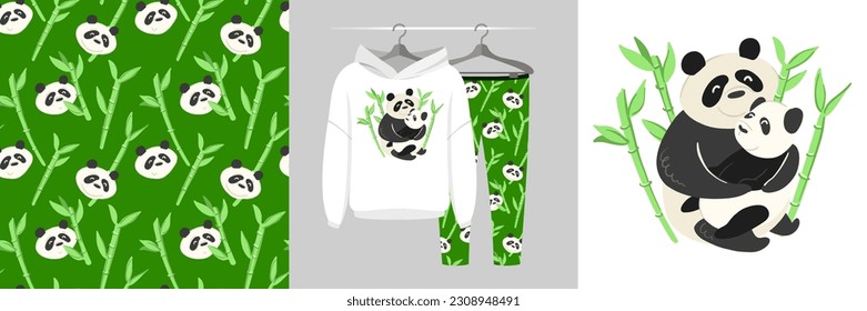 Seamless pattern and illustration set with family hugs, mom and baby panda. Cute design pajamas on a hanger. Baby background for apparel, room decor, tee prints, baby shower, fabric design, wrapping